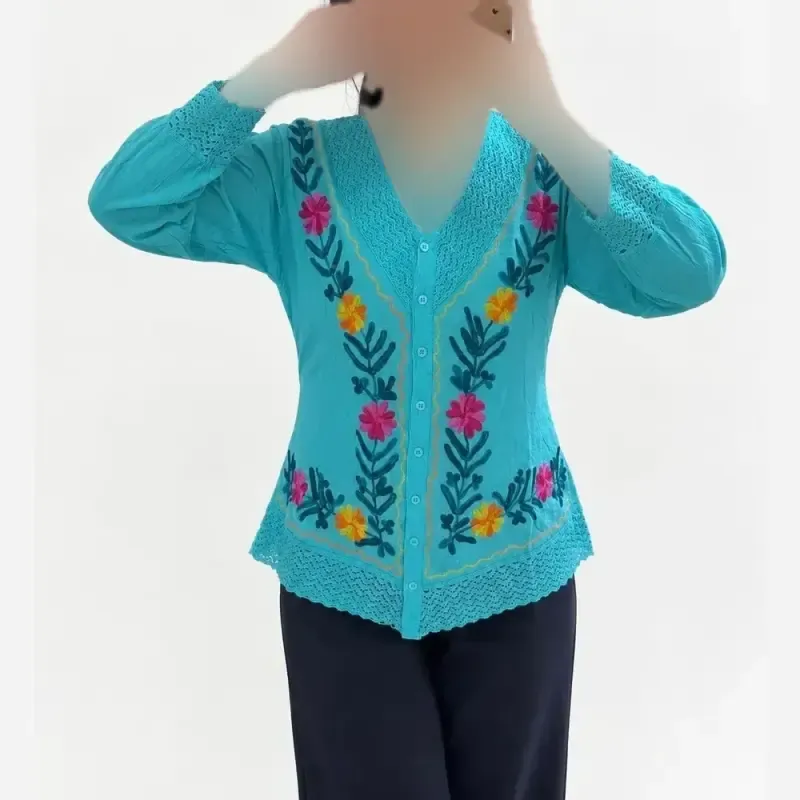 بلوز گلدوزی زنانه یقه هفت آستین سه ربع جنس نخ وارداتی سایز 38 تا 54 - تصویر 5