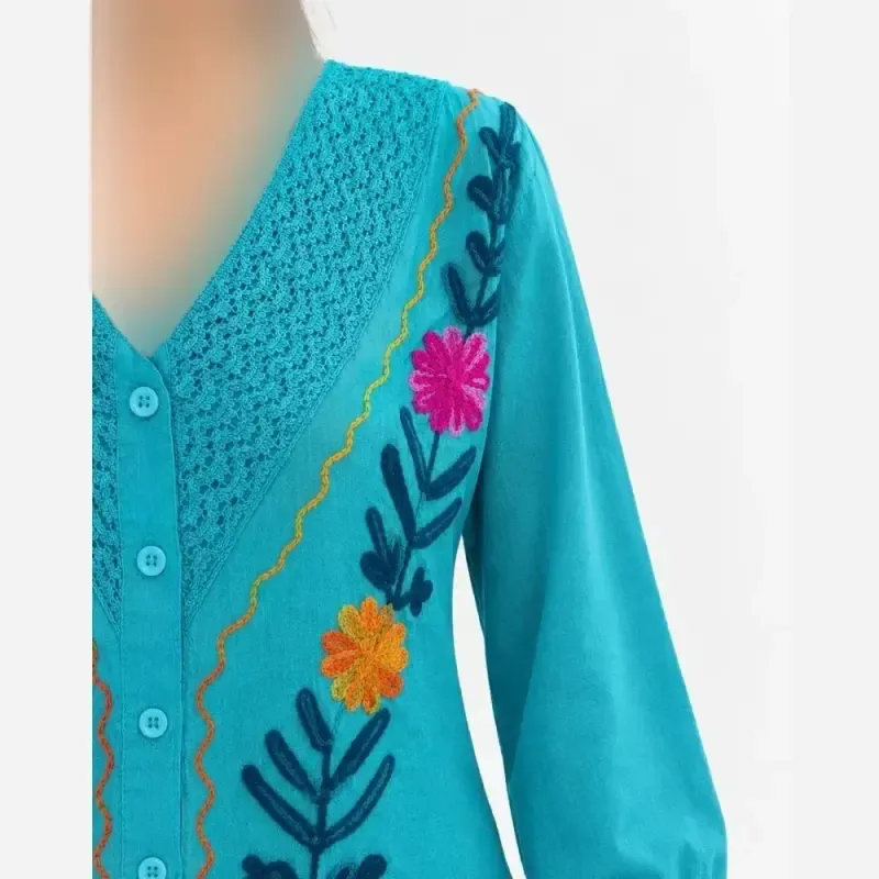 بلوز گلدوزی زنانه یقه هفت آستین سه ربع جنس نخ وارداتی سایز 38 تا 54 - تصویر 2