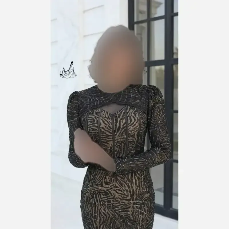پیراهن مجلسی زنانه مدل هانا کاپدار باکسدوزی شده نگین دار پارچه طرحدار نگینی فلوک مخمل رنگ مشکی و قهوه ای - تصویر 3